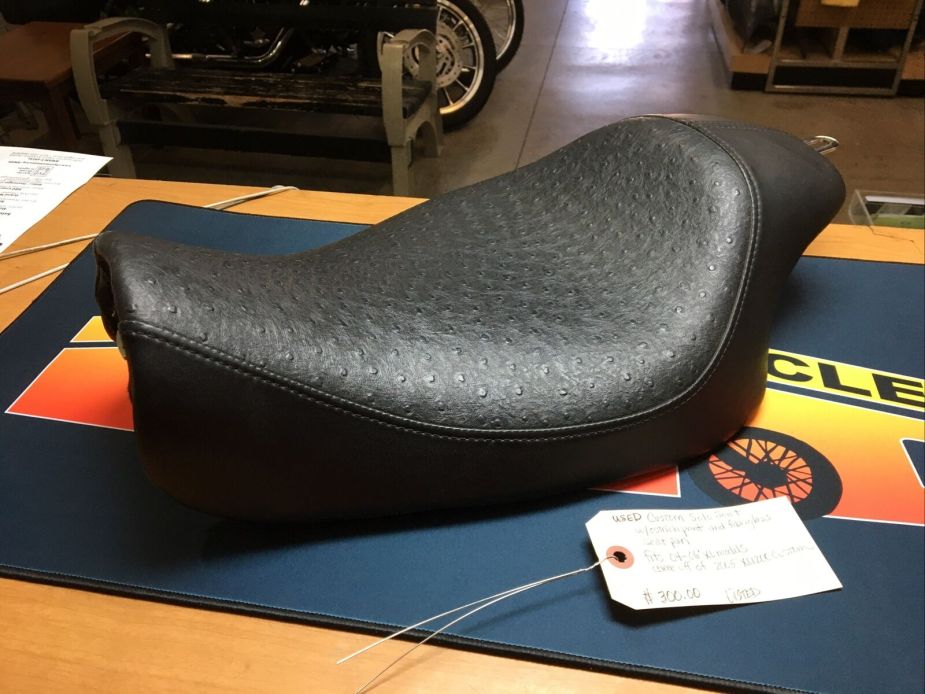 Custom Solo Seat, Custom Solo Seat With Ostrich Print And Fiberglass Seat Pan for 04-06’ XL Models | Lightweight Unbranded Seat | Fits XL1200 Custom | Black Color | Seats &amp; Seat Parts, Knobtown Cycle