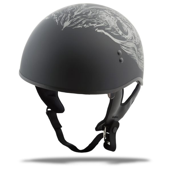 Hh 65 Half Helmet Ghost, GMAX HH-65 Half Helmet Ghost/Rip Naked Matte Black/Silver Md &#8211; DOT Approved, COOLMAX Interior, Dual-Density EPS Technology &#8211; Intercom Compatible, Knobtown Cycle