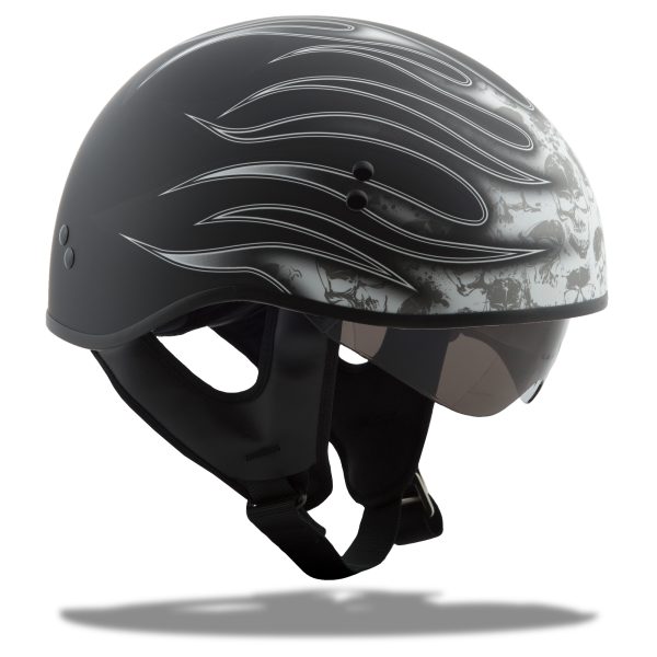 Gm, GMAX GM-65 Half Helmet Flame Matte Black/White LG | Coolmax Interior | Dual-Density EPS | DOT Approved | Motorcycle Helmet, Knobtown Cycle