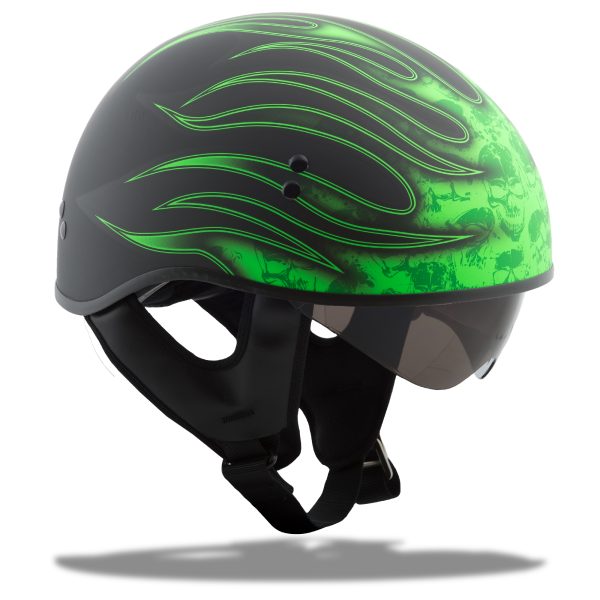 Gm, GMAX GM-65 Half Helmet Flame Matte Black/Green LG | DuPont Coolmax Interior | Premium Venting | Dual-Density EPS | DOT Approved | Motorcycle Helmet, Knobtown Cycle