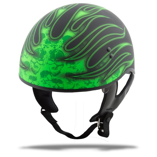 Gm, GMAX GM-65 Half Helmet Flame Matte Black/Green Sm | Coolmax Interior | Dual-Density EPS | DOT Approved | Motorcycle Helmet, Knobtown Cycle
