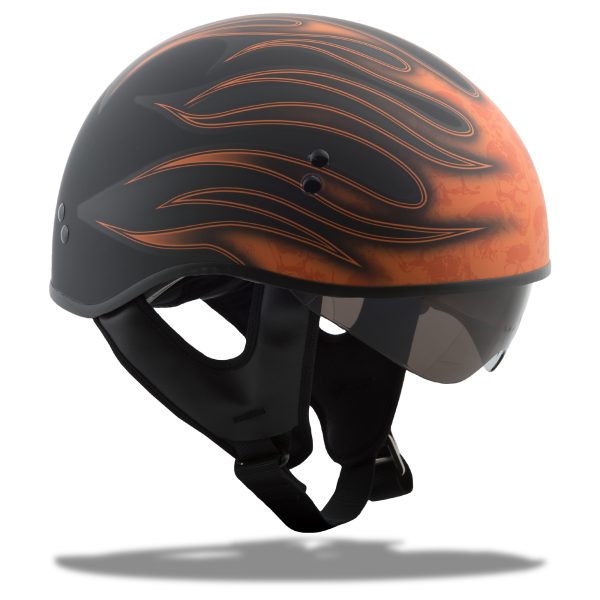 Gm, GMAX GM-65 Half Helmet Flame Matte Black/Orange LG | DOT Approved Helmet with Coolmax Interior and Dual-Density EPS Technology | Removable Sun Shields and Neck Curtain | Motorcycle Half Helmet, Knobtown Cycle