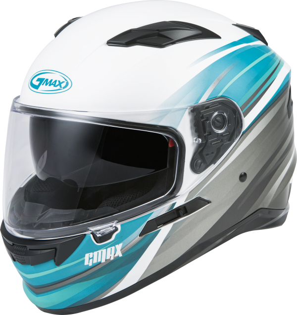 Helmet, GMAX FF-98 Full Face Osmosis Helmet Matte White Teal Grey XL ECE/DOT Approved with LED Rear Light &#8211; Lightweight Poly Alloy Shell &#8211; UV400 Coated Shields &#8211; Breath Deflector &#8211; Intercom Compatible &#8211; Helmet Full Face, Knobtown Cycle
