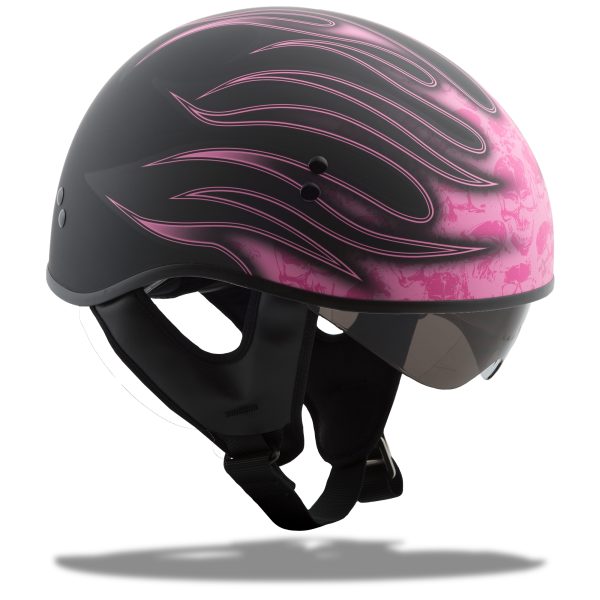 Gm, GMAX GM-65 Half Helmet Flame Matte Black/Pink XL | Coolmax Interior, Premium Venting, Dual-Density EPS | DOT Approved &#8211; Half Helmets, Knobtown Cycle