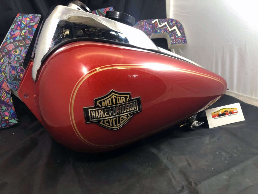 FXR Red with Gold Fuel Tank with Gauge for sale., Knobtown Cycle