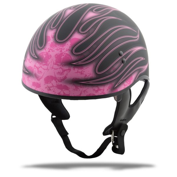 Gm 65 Flame Half Helmet, GMAX GM-65 Flame Half Helmet Matte Black/Pink M | Coolmax Interior, Dual-Density EPS, DOT Approved | Motorcycle Half Helmet, Knobtown Cycle