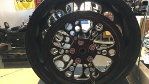 Ultima Black Kool Kat Rear Wheel 18” x 5.5” #37-654 | Powder Coated Aluminum | Fits Harley Davidson & Custom Applications | Used Condition | 70 Tooth Pulley | 1” Sealed Bearings | 3/4” Reducers | No Warranty